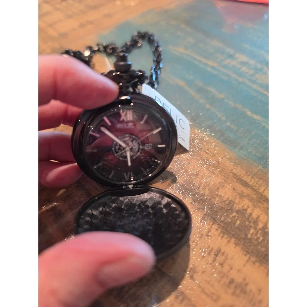 Relic by Fossil Mens Pocket Watch Gunmetal Skeleton Dial Date Window New